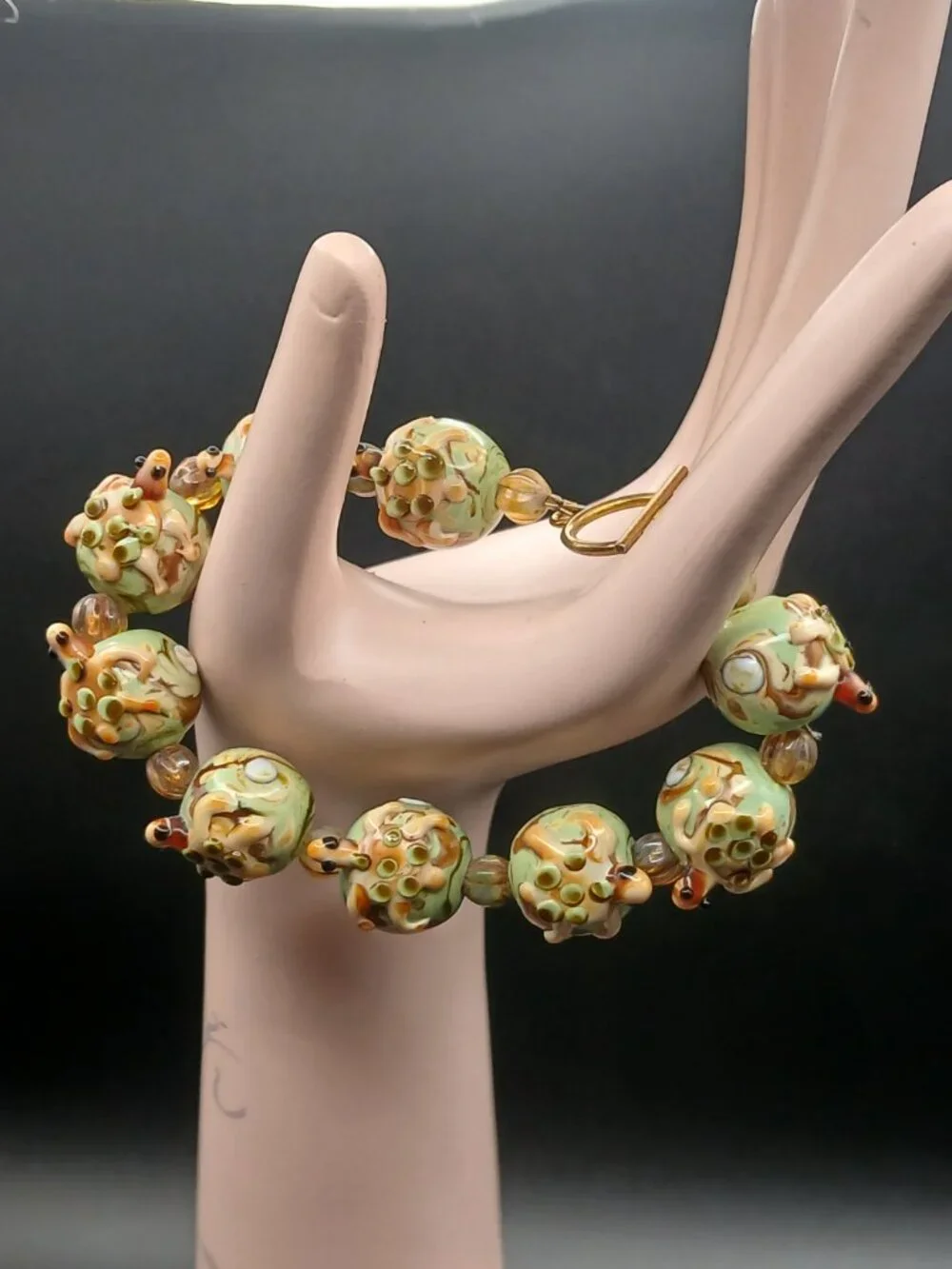 Vintage Artisan Lampwork Glass Turtle Bead Bracelet Sage Green, Cream And Brown
